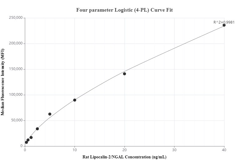 Cytometric bead array standard curve of MP00790-2, RAT Lipocalin-2/NGAL Recombinant Matched Antibody Pair, PBS Only. Capture antibody: 83853-4-PBS. Detection antibody: 83853-1-PBS. Standard: Eg1022. Range: 0.313-40 ng/mL.  